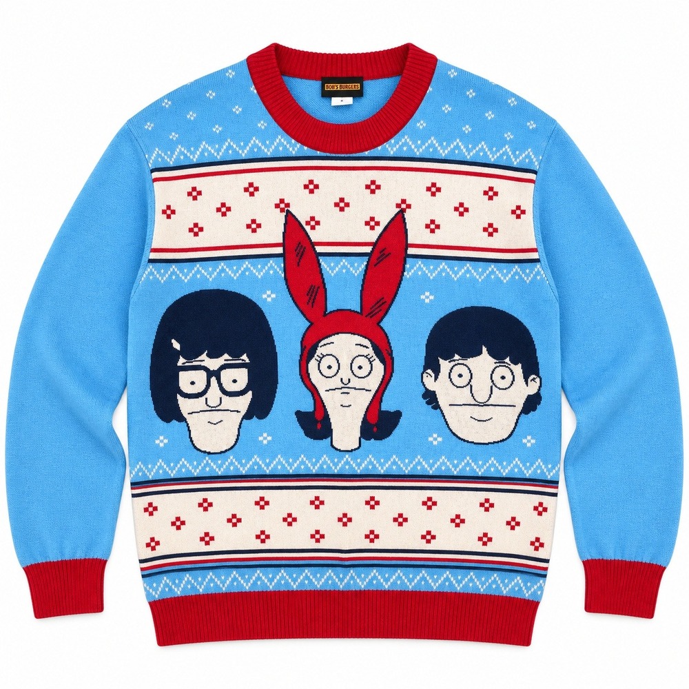 Bobs Burgers Ugly Christmas Sweater Mens L Blue Louise Tina Gene Fair Isle NEW